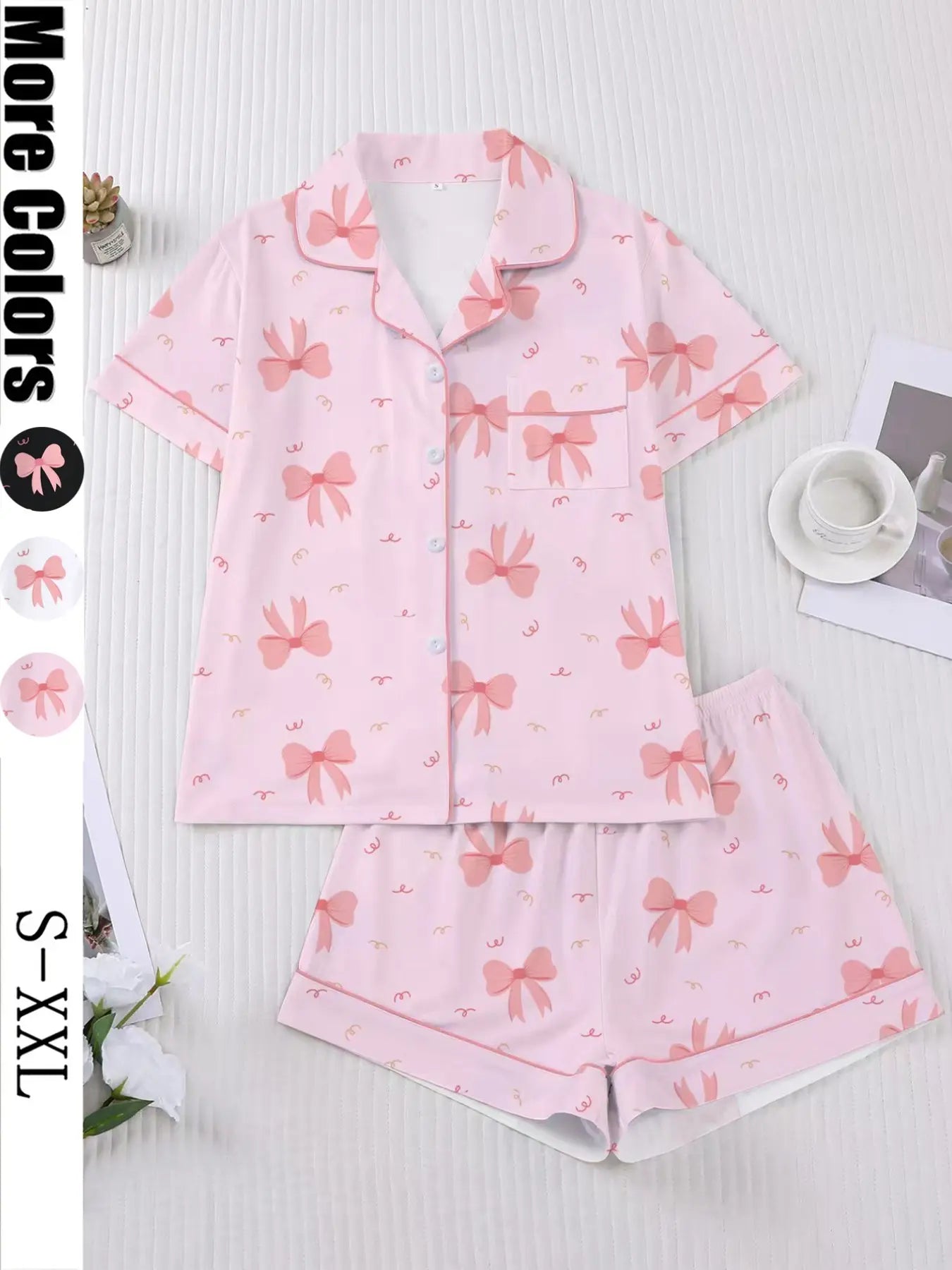 Women's Valentine's Day Sleepwear Set, Bow Print Pajamas