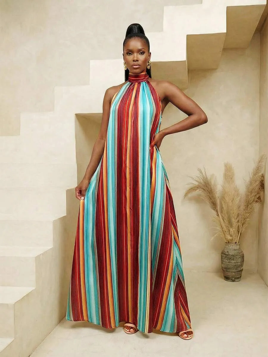 BamGlimmer Women's Colorful Striped Backless Dress For Vacation Resort Wear Multicolor Dress Pleated Maxi Dress Juneteenth Dress Rainbow Dresses For Women