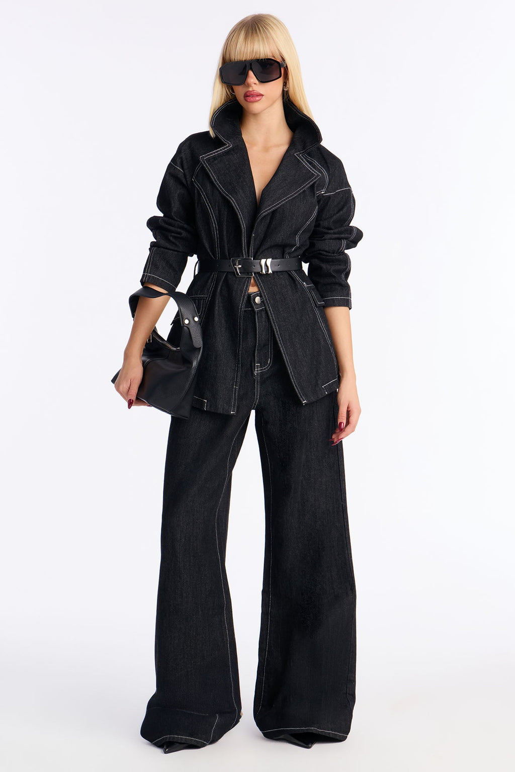 Power Stitched Belted Denim Pant Set - Dark Denim