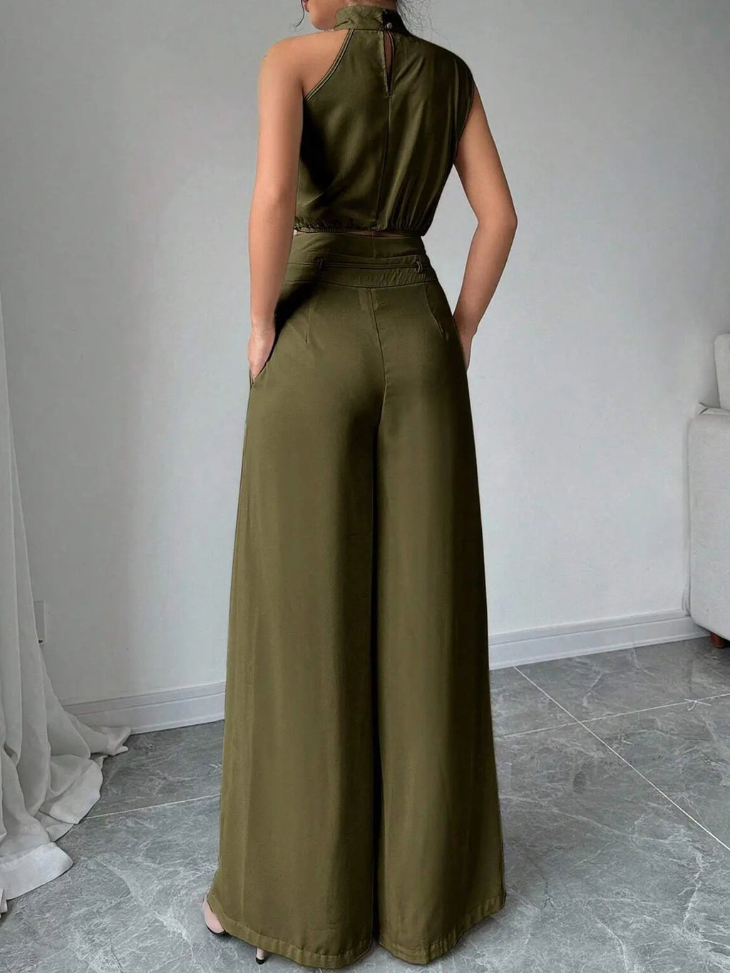 Women's Elegant Two-Piece Set, Irregular Crop Top & Wide-Leg Pants