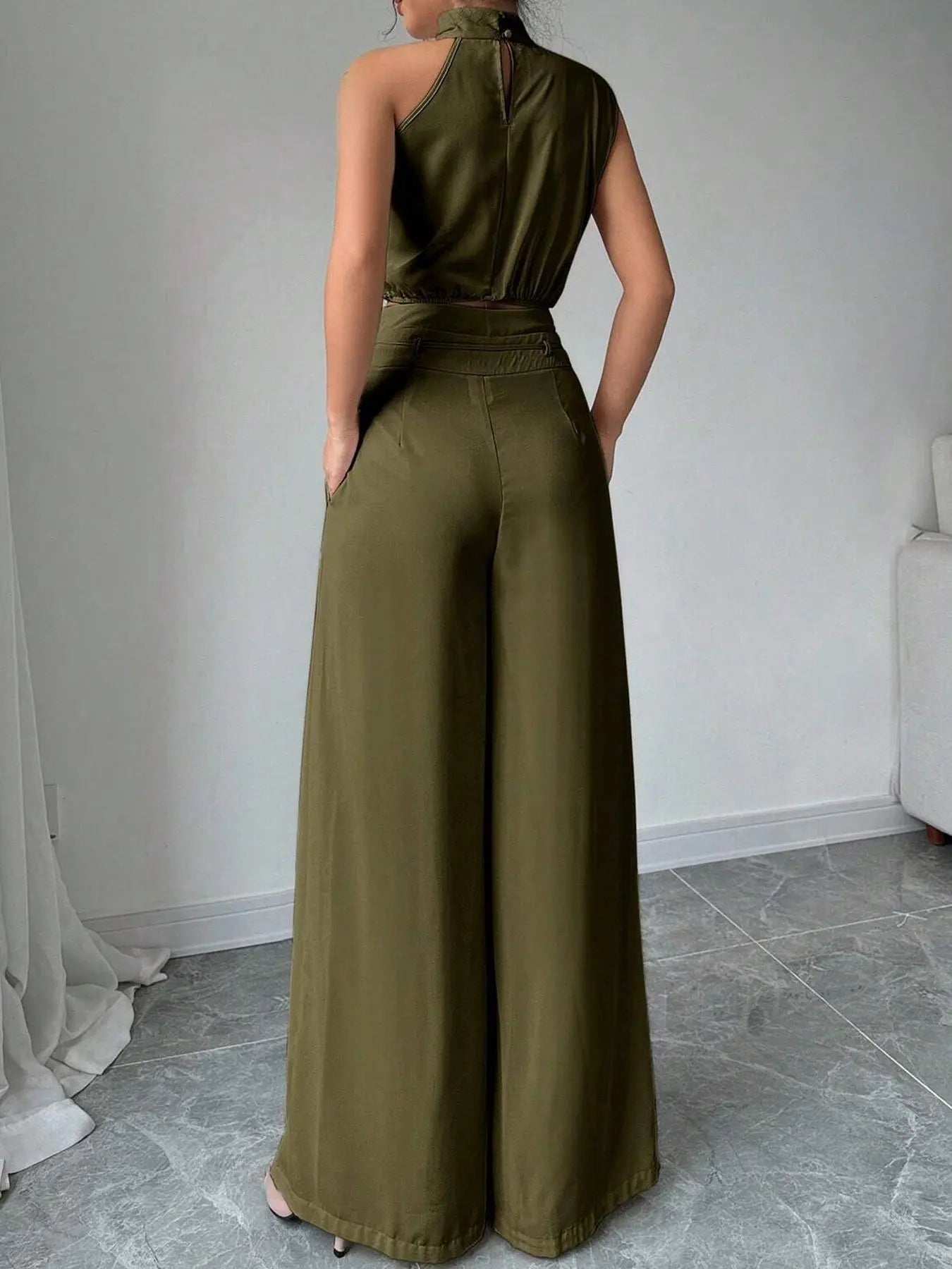 Women's Elegant Two-Piece Set, Irregular Crop Top & Wide-Leg Pants