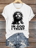 Women's  In God I Trust Christian T-Shirt, Retro Jesus Portrait Graphic Tee, Faith Based Religious Shirt
