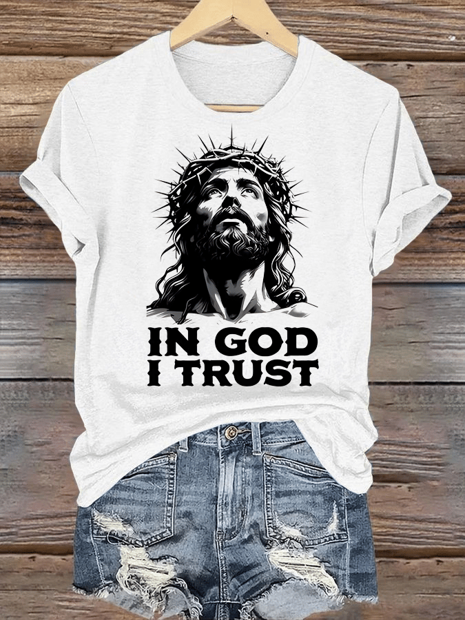 Women's  In God I Trust Christian T-Shirt, Retro Jesus Portrait Graphic Tee, Faith Based Religious Shirt