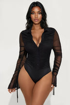 Subliminal Ruched Button Up Mesh Bodysuit - Black