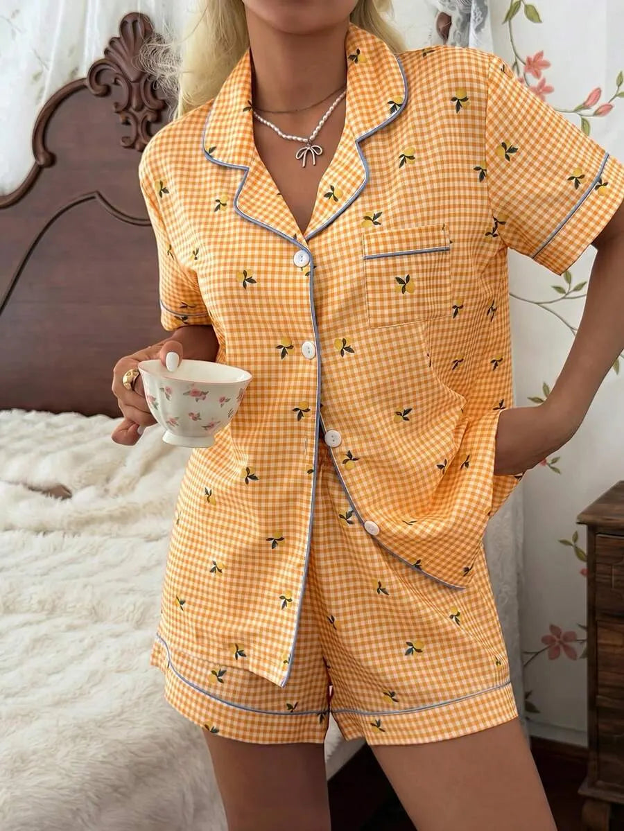 CottageSlumber Women's New Lemon Plaid Print Button-Front Short Sleeve Shorts Pajama Set