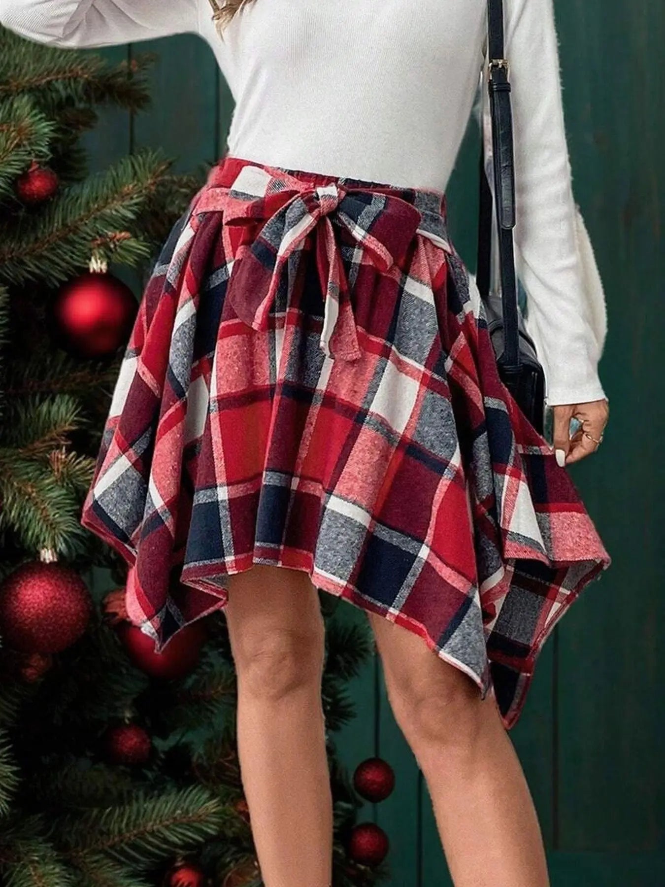 Women's Fashion Woven Plaid Print Asymmetrical Hem High Waisted Skirt