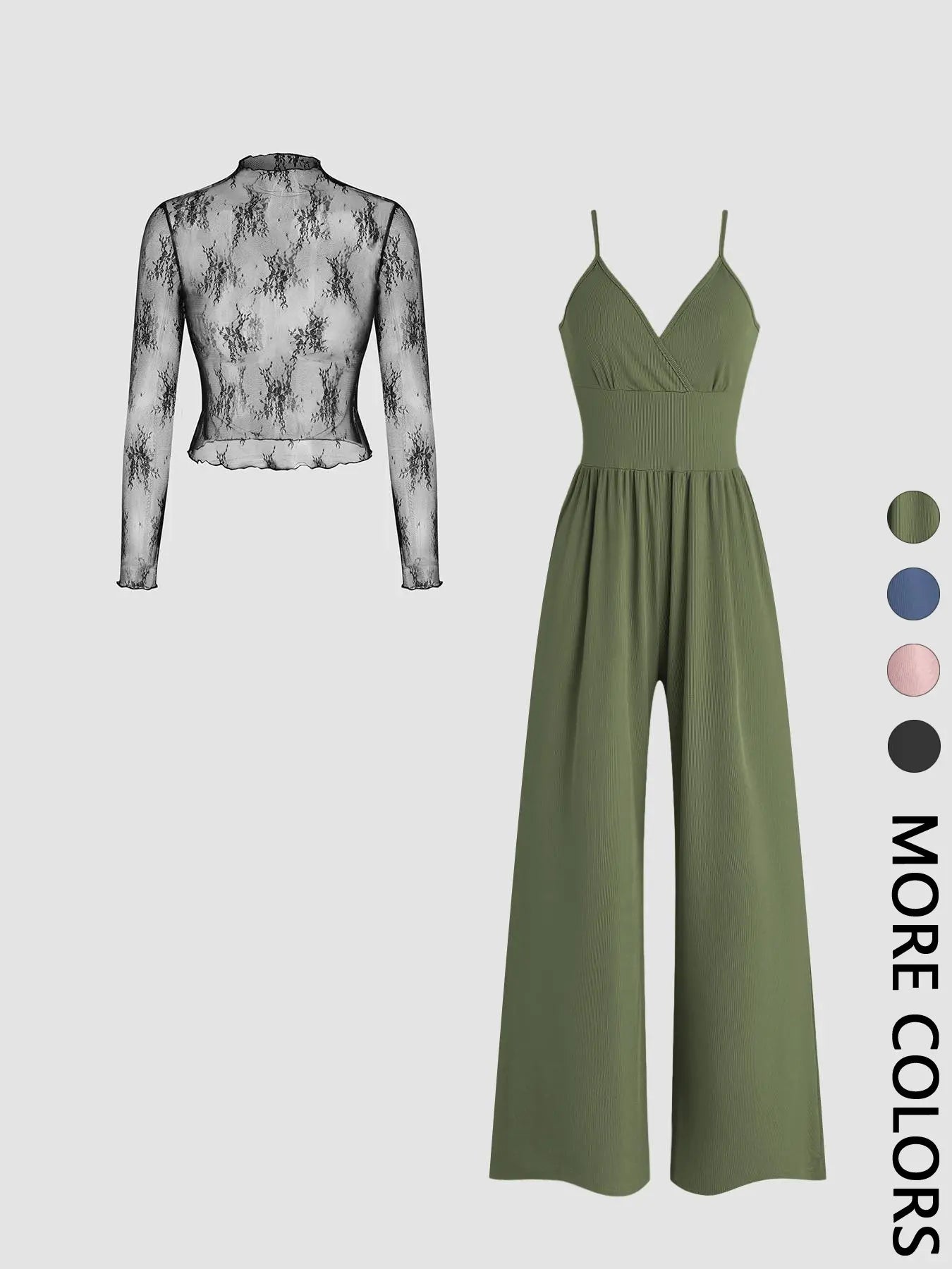 Valentine's Day Two-piece Set Women's Fitted Solid Color Lettuce Trim Mock Neck Sheer Lace Top & Pocket Wide Leg Cami Jumpsuit, Elegant Fashion Casual Two Piece Outfits for Daily Outdoor Wear, Women Clothes for Spring Fall, Womenswear Sleeves Lady