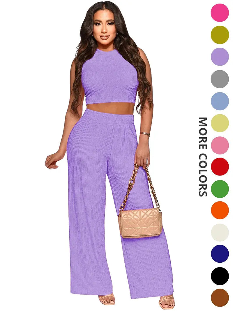 Two-Piece Set Women's Solid Textured Knit Fabric Co-ord Set Suits, Casual Round Neck Crop Tank Top & High Waist Wide Leg Pants Set, Ladies Summer Fit Clothes for Daily Wear, Womenswear