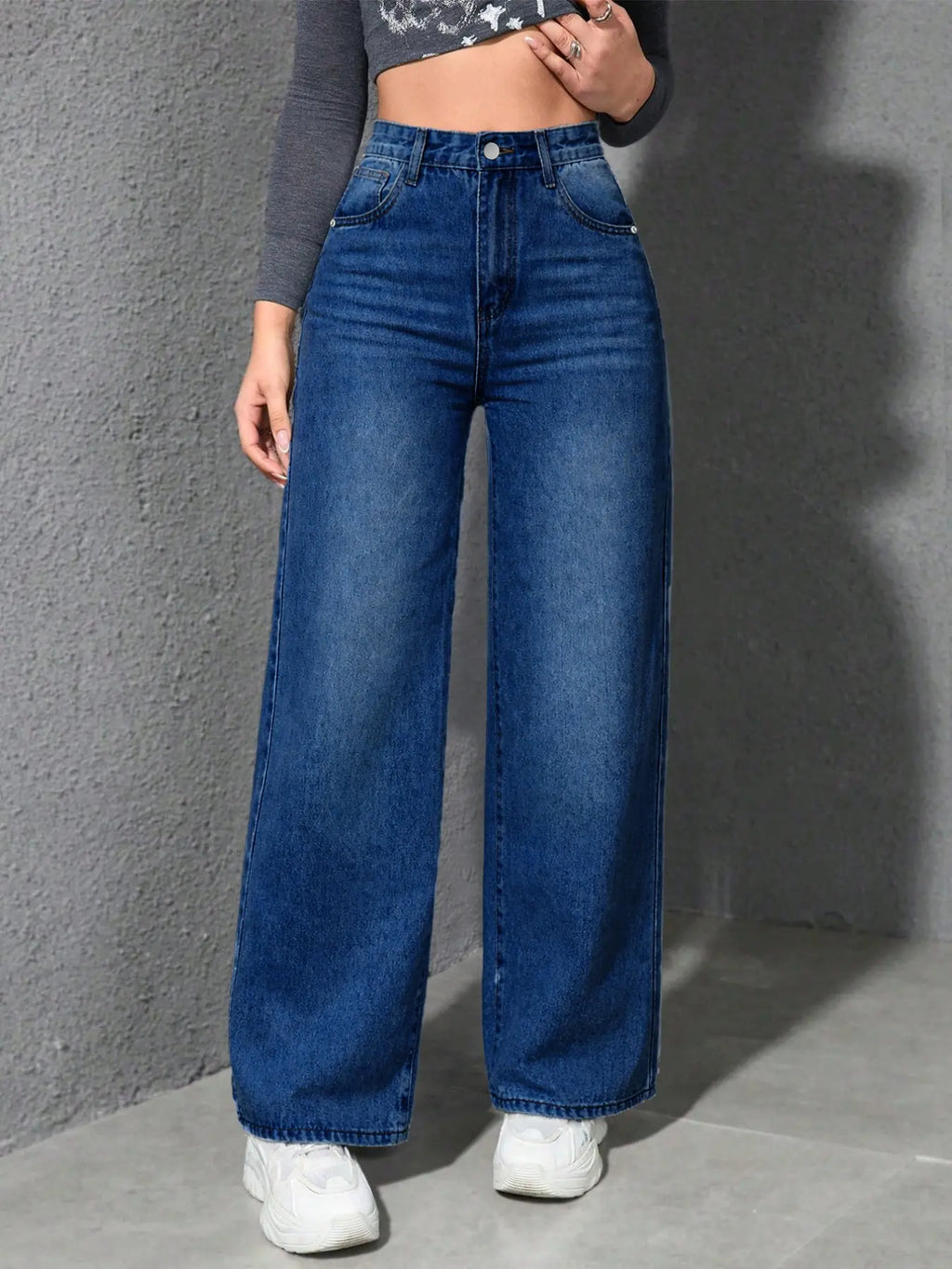 Spring Summer High Waist Elastic Women's Jeans, Washed Blue Casual Wide Leg Pants, Fitted H-Type Denim for Daily Commute and Vacation