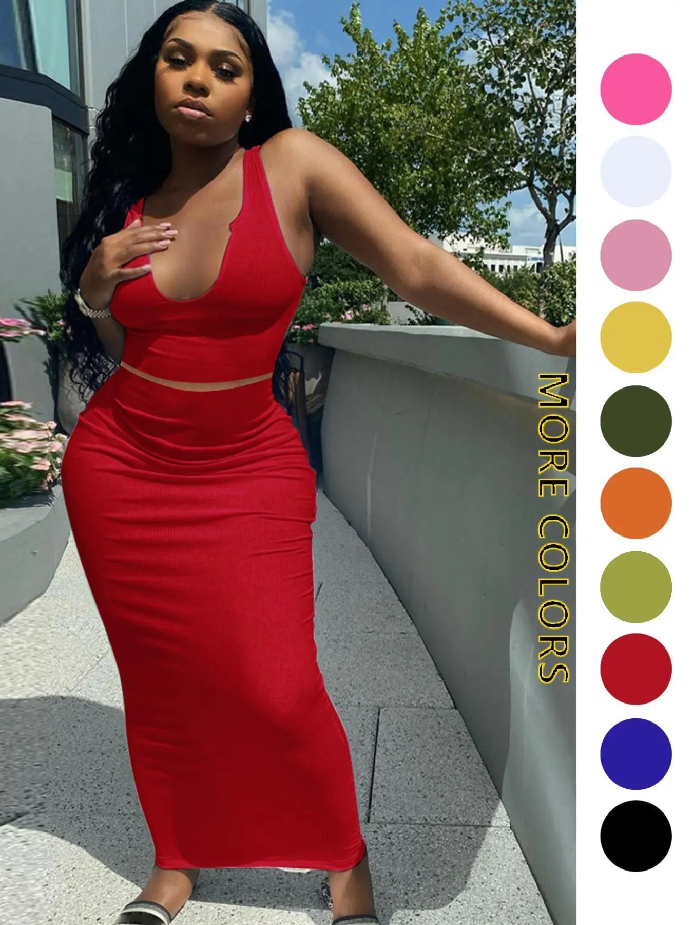 Two-piece Set Women's Solid Notched Neck Crop Tank Top & High Waist Bodycon Skirt Set, Casual Slim Sleeveless Top & Long Skirt, Ladies Summer Clothes for Daily Wear, Outfit Sets Women, Summer Outfits Set