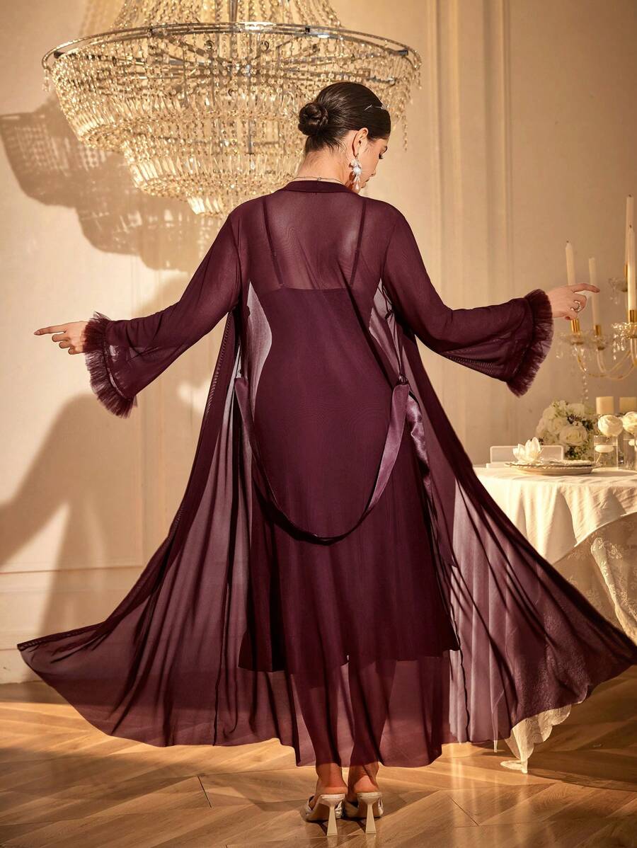 Slumberist 2pcs/Set Fishbone Design Waist Lace Camisole Nightgown + Floral Trim Wide Sleeve Mesh Robe