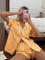 CottageSlumber Women's New Lemon Plaid Print Button-Front Short Sleeve Shorts Pajama Set