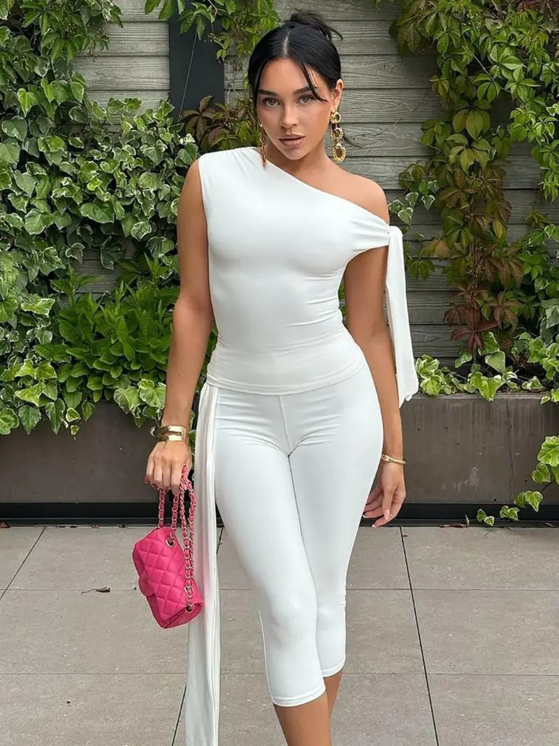 Women's Solid Asymmetrical Neck Knot Design Fitted Sleeveless Top & High Waist Capri Pants Two-piece Set, Elegant Chic Fashion Basic Ruched Top & Skinny Capri Trousers for Daily Outdoor Wear