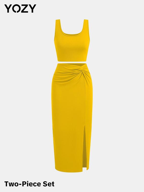 YOZY Solid Ribbed Crop Tank Top & Twist Split Skirt Set, Elegant Square Neck Sleeveless Top & High Waist Bodycon Skirt, 2024 Women's Summer Outfits for Party, Holiday, Vacation