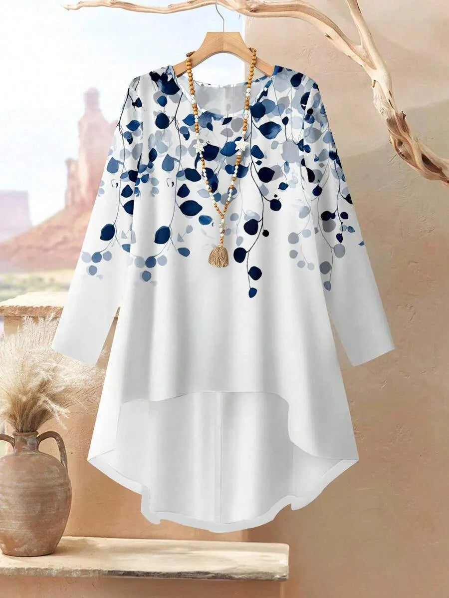 Women 2pcs Set White And Blue Navy Blue Floral Printed Top And Flowing Wide-Leg Pants Autumn Casual Elegant Tea Party Travel Vacation Work Outfits