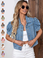 Women's Vintage Bubble Sleeve Light Wash Denim Jacket, Summer Thin High Waist Crop Top, Casual Fashionable Short Jean Coat for Women