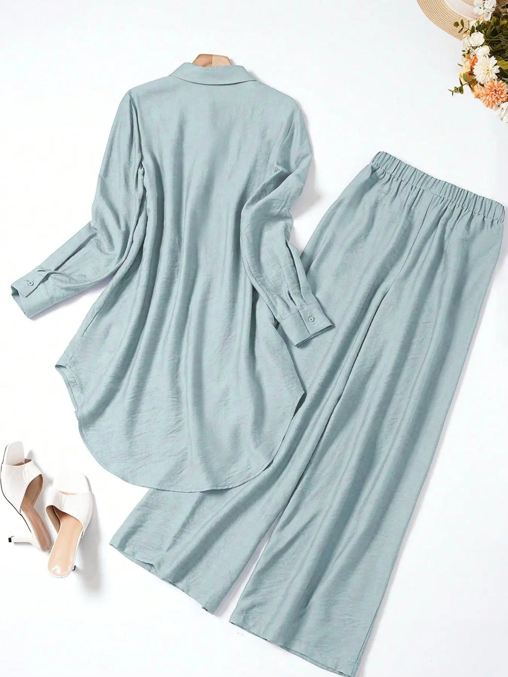 Women's Casual Two-Piece Set, Hollow-Out Top and Loose-Fit Pants
