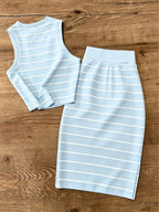 UREREM Women's Striped Contrast Color Casual Elegant Party Ribbed Slit Beach Vest And Skirt 2-Piece Set Summer