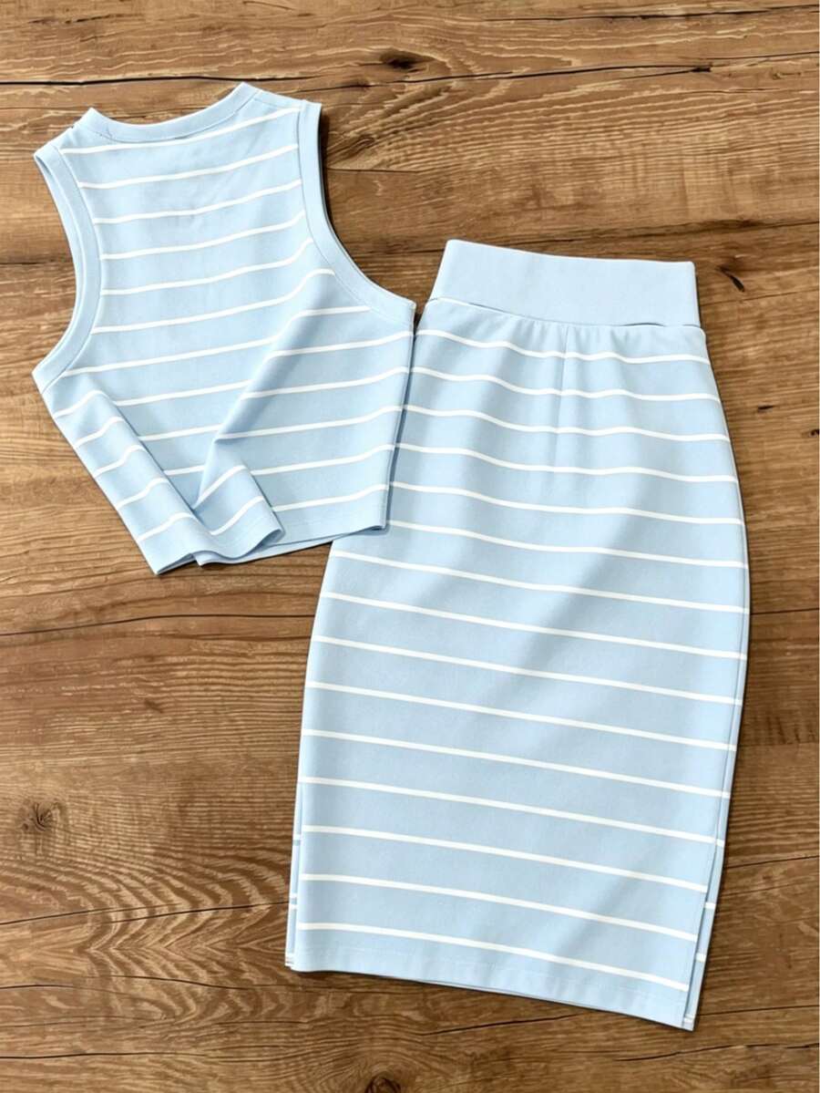 UREREM Women's Striped Contrast Color Casual Elegant Party Ribbed Slit Beach Vest And Skirt 2-Piece Set Summer