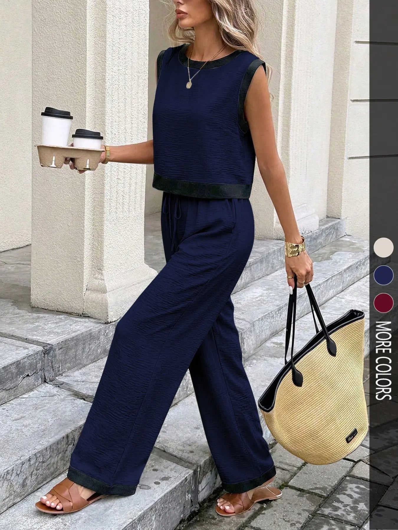 Women's Simple Colorblock Sleeveless Round Neck Top and High Waist Wide Leg Pants Set, Slimming Casual Comfortable for Daily Commute