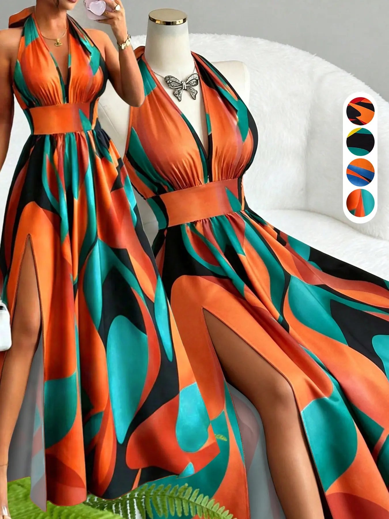 All Over Print Halter Long Dress with Deep V Neck and Split Hem