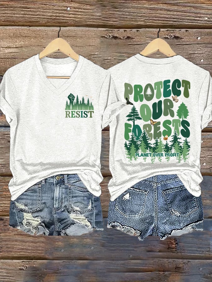 V-Neck Retro Resist Protect Our Forests Planet Over Profit Print T-Shirt