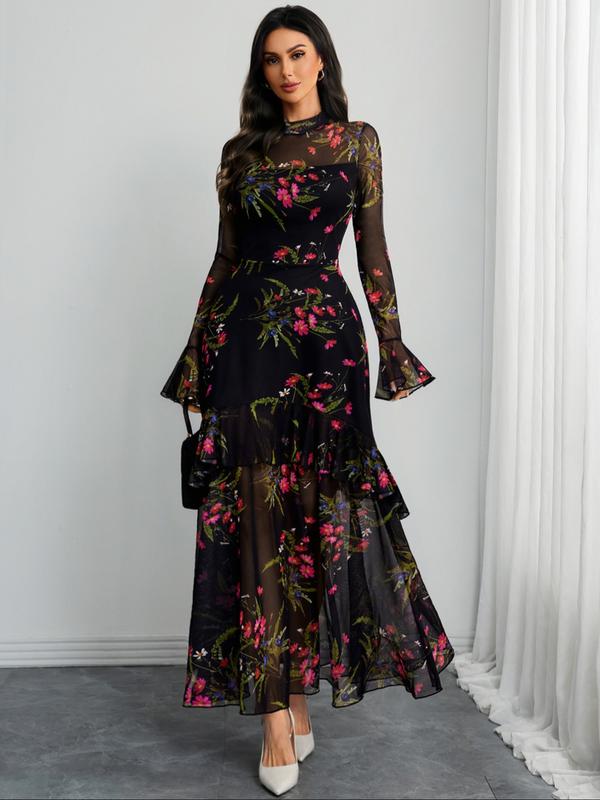 Women's Gothic Elegant Sexy Mesh Splicing Colorful Print Retro Petal Sleeves Ruffle Mermaid Hem Double Layer Dress