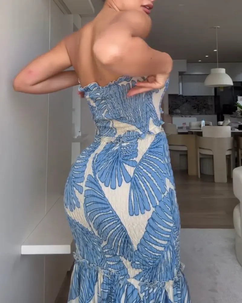 ChicMe Women's Tropical Floral Print Smocked Maxi Dress Ruched Bandeau Cutout Summer Vacation Dress Elegant Shirred Ruffle Hem Mermaid Beach Dress/Seaside Vacation Sleeveless Skirt