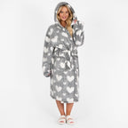 OHS Heart Print Teddy Marl Dressing Gown, Adults - Black