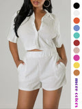 Two-piece Set Women's Textured Button Front Shirt & Elastic Waist Shorts Set, Chic Versatile Short Sleeve Collared Top & Pocket Design Shorts, Casual Style Two-piece Outfits for Women, Womenswear, Matching Clothing Set