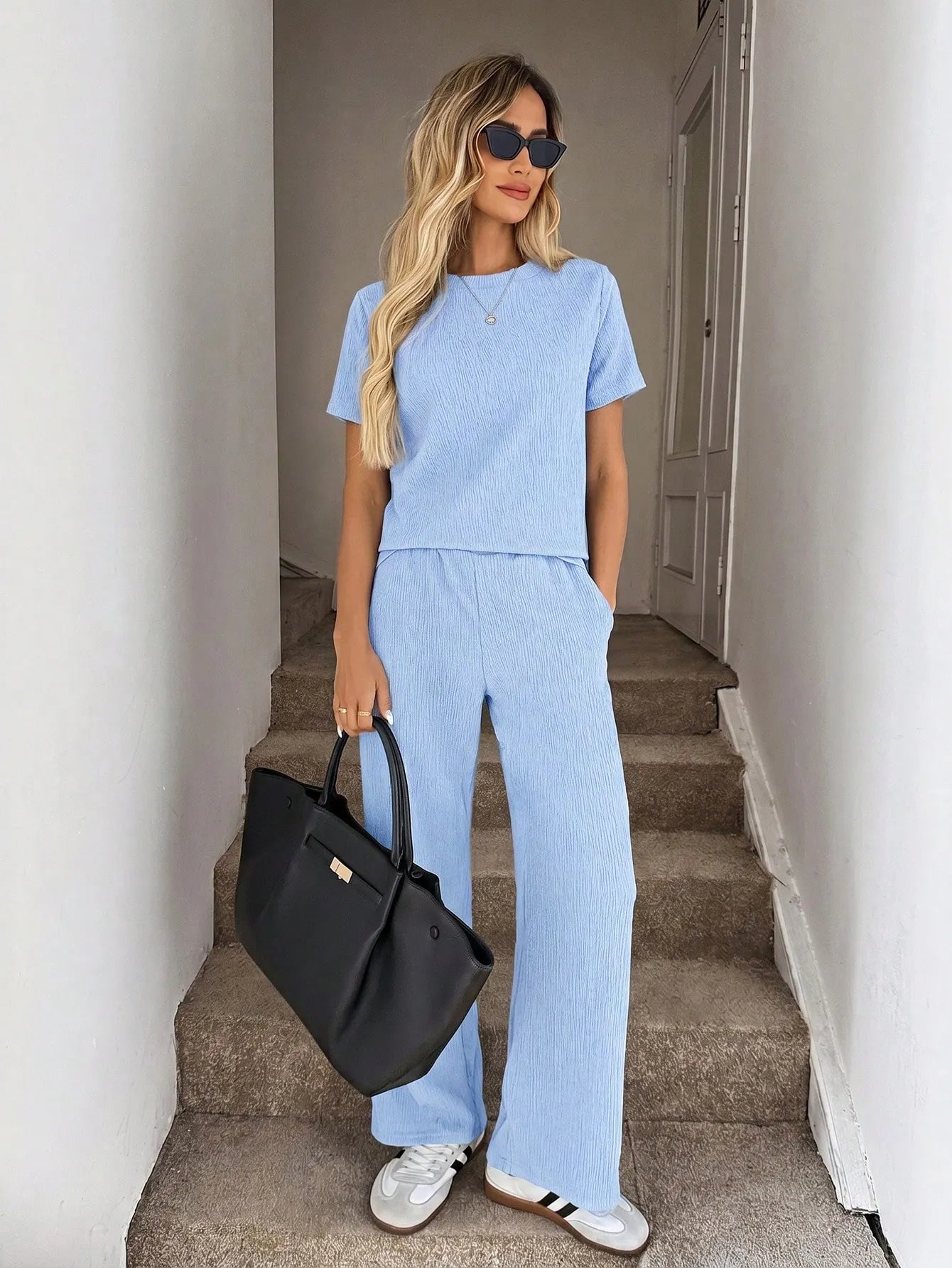 Solid Tee Wide Leg Pants,Casual Travel Coffee Brown Summer