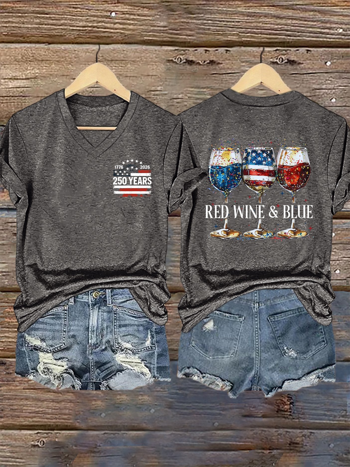 V-Neck Retro 1776–2026 250 Year Red Wine & Blue Print T-Shirt