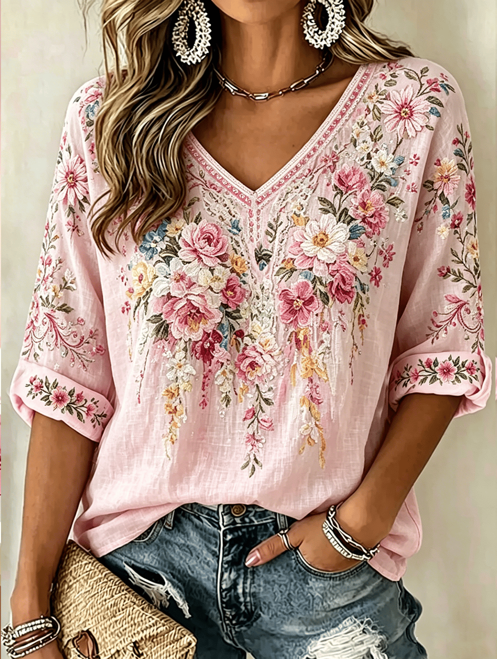 Women's Floral Printed T-shirt for Breast Health Awareness