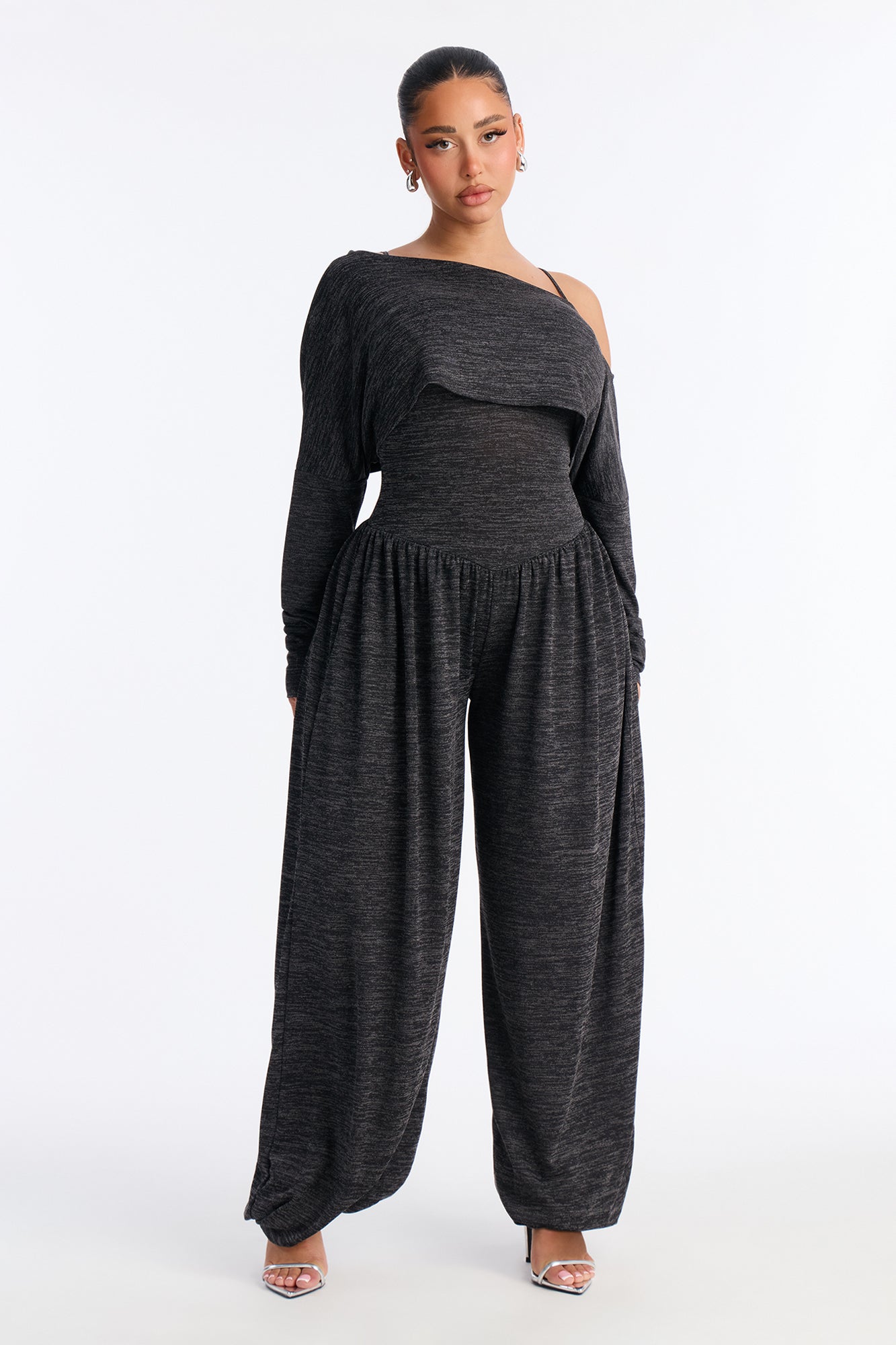 Alania 2 Piece Draped Sweater Balloon Leg Jumpsuit - Brown/combo
