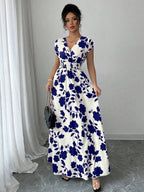 Elenzga Women V-Neck Allover Print Casual Long Dress