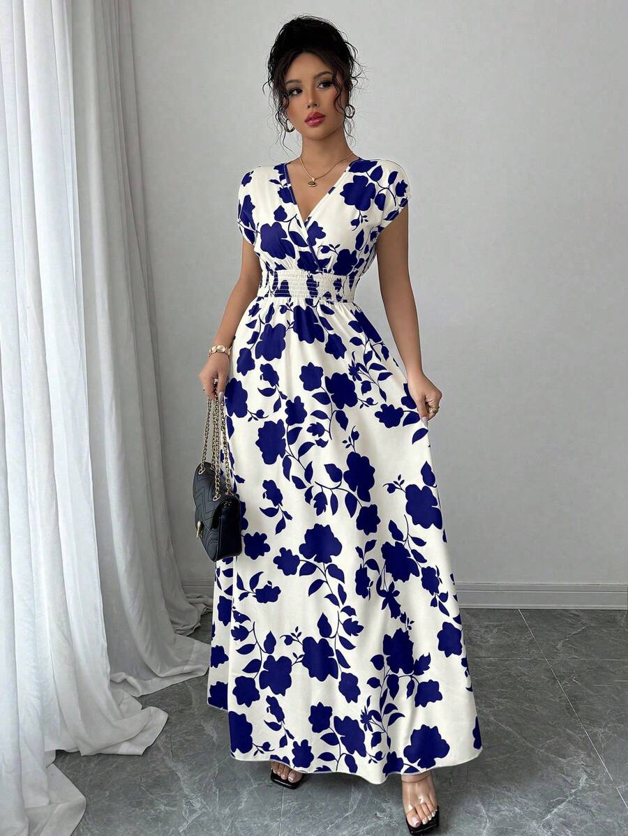 Elenzga Women V-Neck Allover Print Casual Long Dress