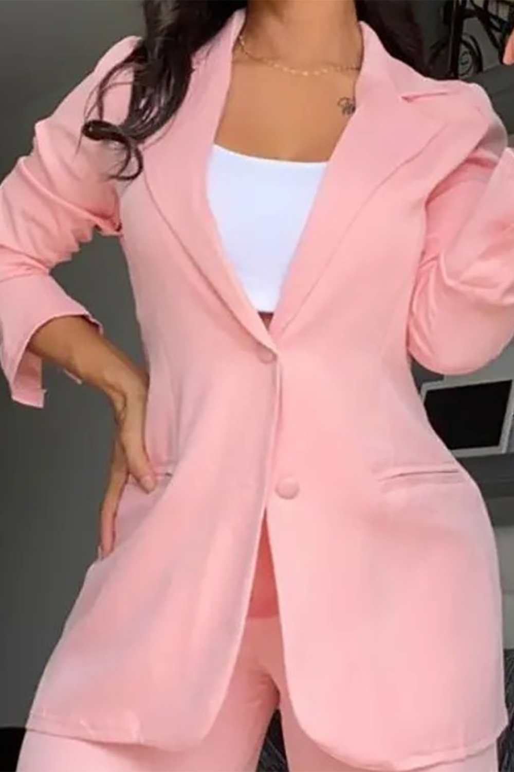 Solid Color Long Sleeve Blazer Wide Leg Pants Matching Set-Pink