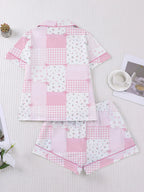 Women's Plaid Floral Bow Print Short Sleeve Shorts Fitted Pajama Set