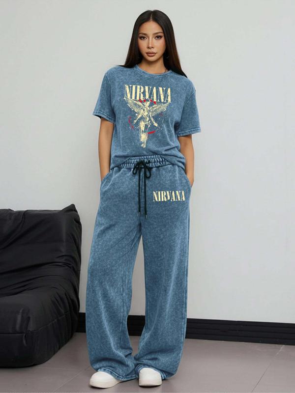 Women's Rock Style "NIRVANA" Graphic Print Cotton Co-ord Set, Vintage Distressed Short Sleeve T-shirt and Trousers Two-piece Set Outfit, Casual Round Neck T-shirt and Elastic Trousers, Summer Everyday Wear