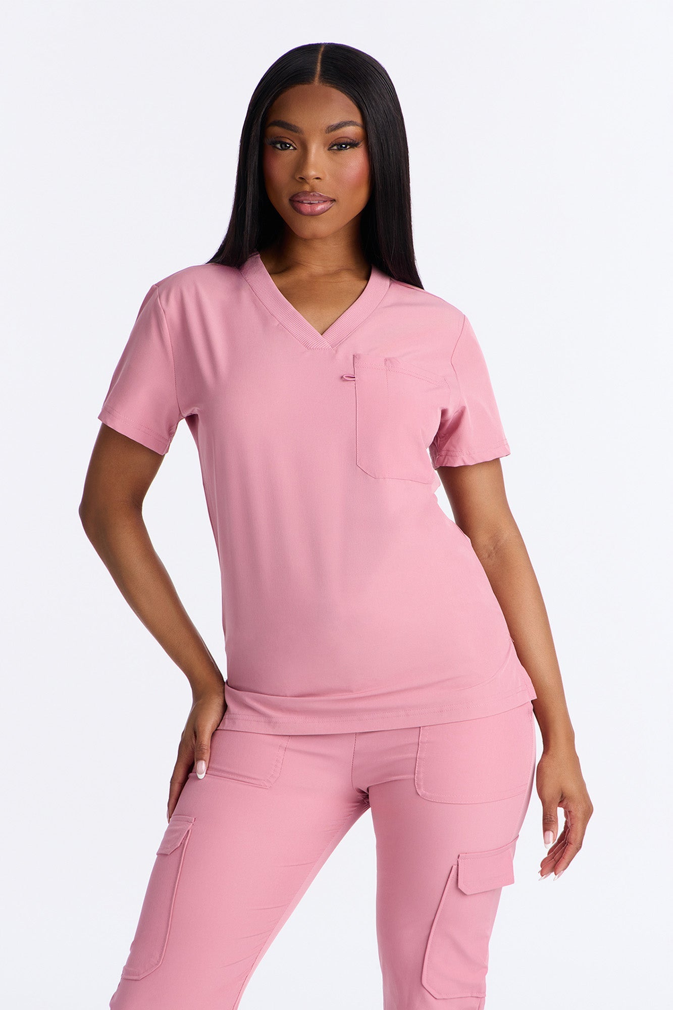 4 Way Stretch 2 Front Pocket Scrubs Rib Jogger Set - Mauve