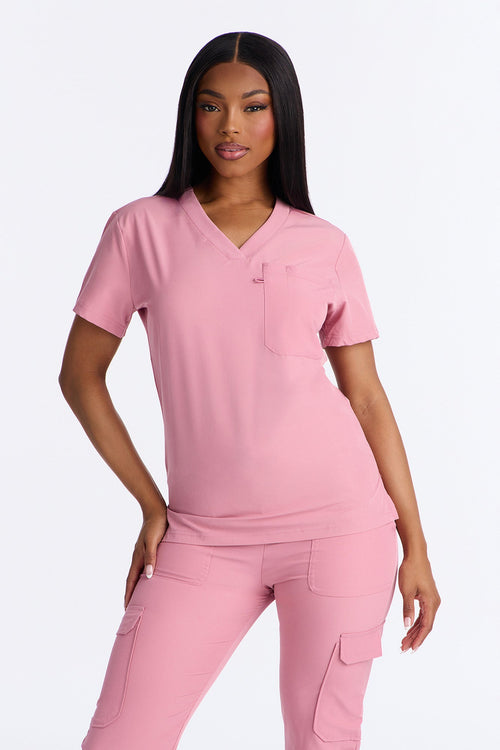4 Way Stretch 2 Front Pocket Scrubs Rib Jogger Set - Mauve