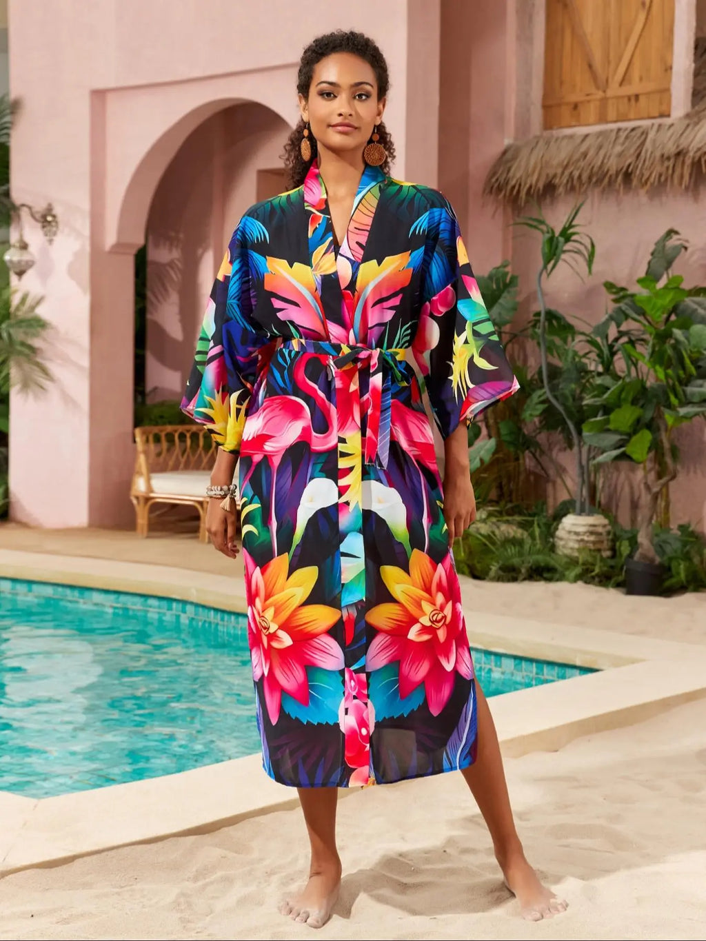 Plus Size Peacock & Floral Print Belted Wrap Kimono Cardigan, Casual Chic Style Split Hem Kimono Cardigan Sleeves, Women's Summer Swimwear for Beach Holiday Vacation