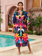 Plus Size Peacock & Floral Print Belted Wrap Kimono Cardigan, Casual Chic Style Split Hem Kimono Cardigan Sleeves, Women's Summer Swimwear for Beach Holiday Vacation