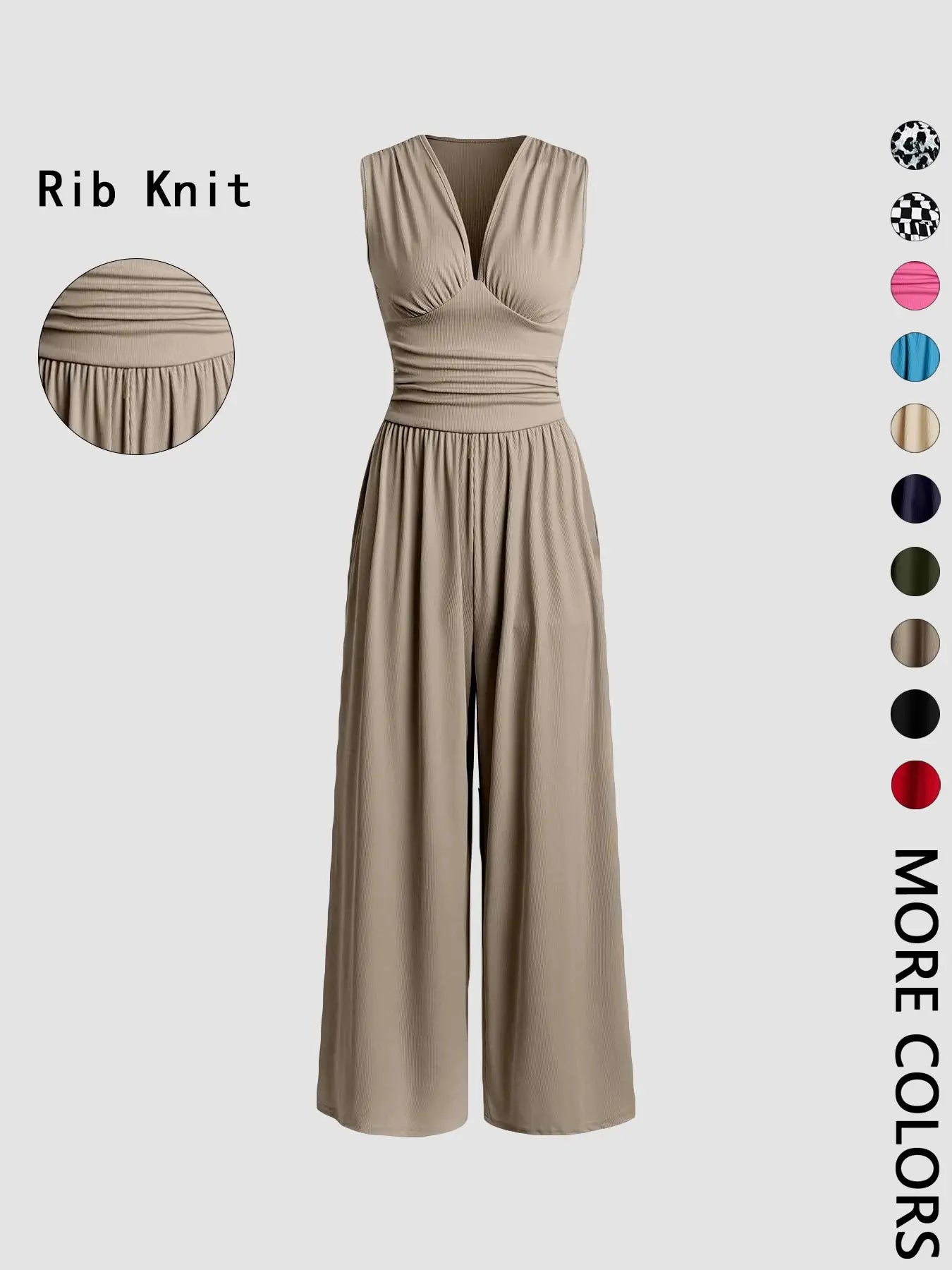 Women's Plain Ruched Deep V Neck Wide Leg Jumpsuit, Casual Sleeveless Ribbed Jumpsuit for Daily Wear, Ladies Clothes for All Seasons, Womenswear Basic Minimalist