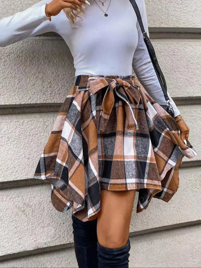 Women's Fashion Woven Plaid Print Asymmetrical Hem High Waisted Skirt