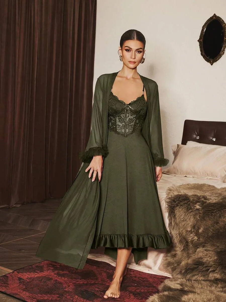 Slumberist 2pcs/Set Fishbone Design Waist Lace Camisole Nightgown + Floral Trim Wide Sleeve Mesh Robe