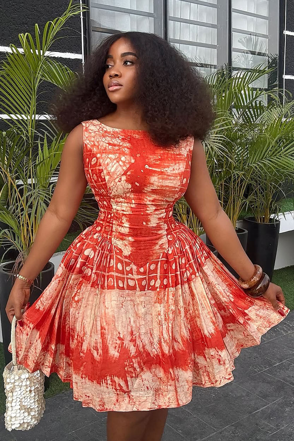 Boat Neck Retro Print Ruched Sleeveless Mini Dresses-Red
