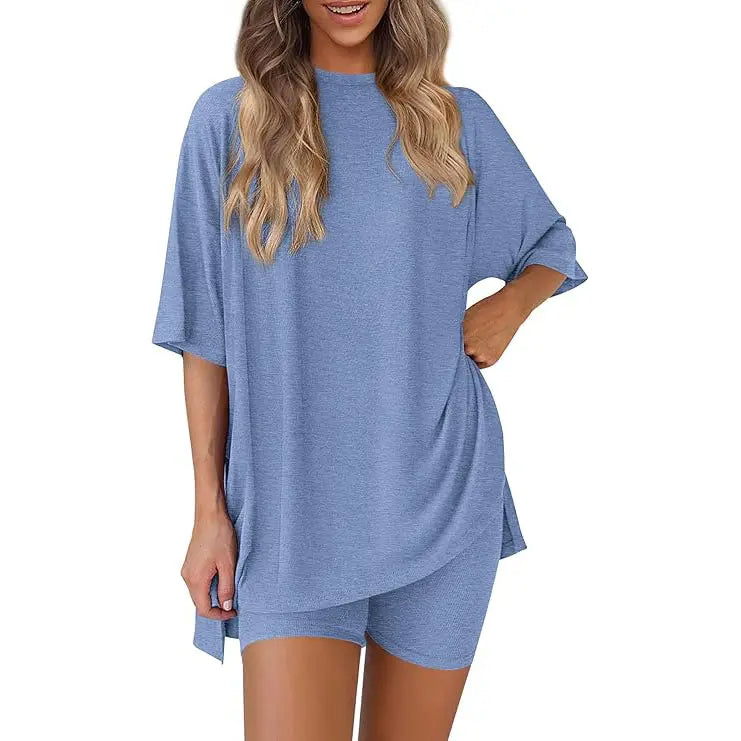 Women Summer  Casual Oversized  Split Hem Shirts & Side Pocket Biker Shorts
