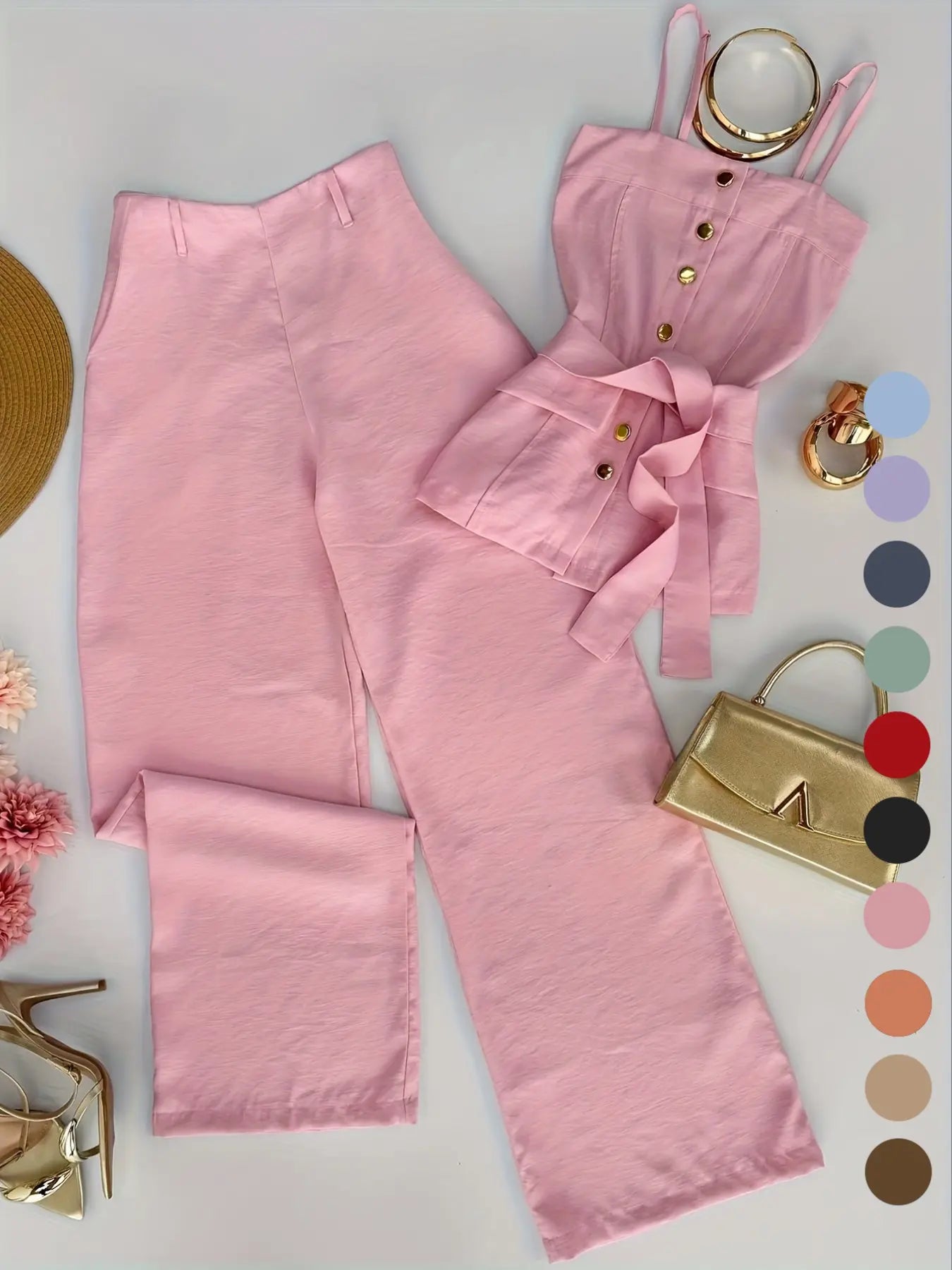 New Women's Solid Color Strappy Top & Long Pants Two-Piece Set, Outfit, Minimalist Basic Versatile Casual Wear, Comfortable and Stylish, Perfect for Daily Use