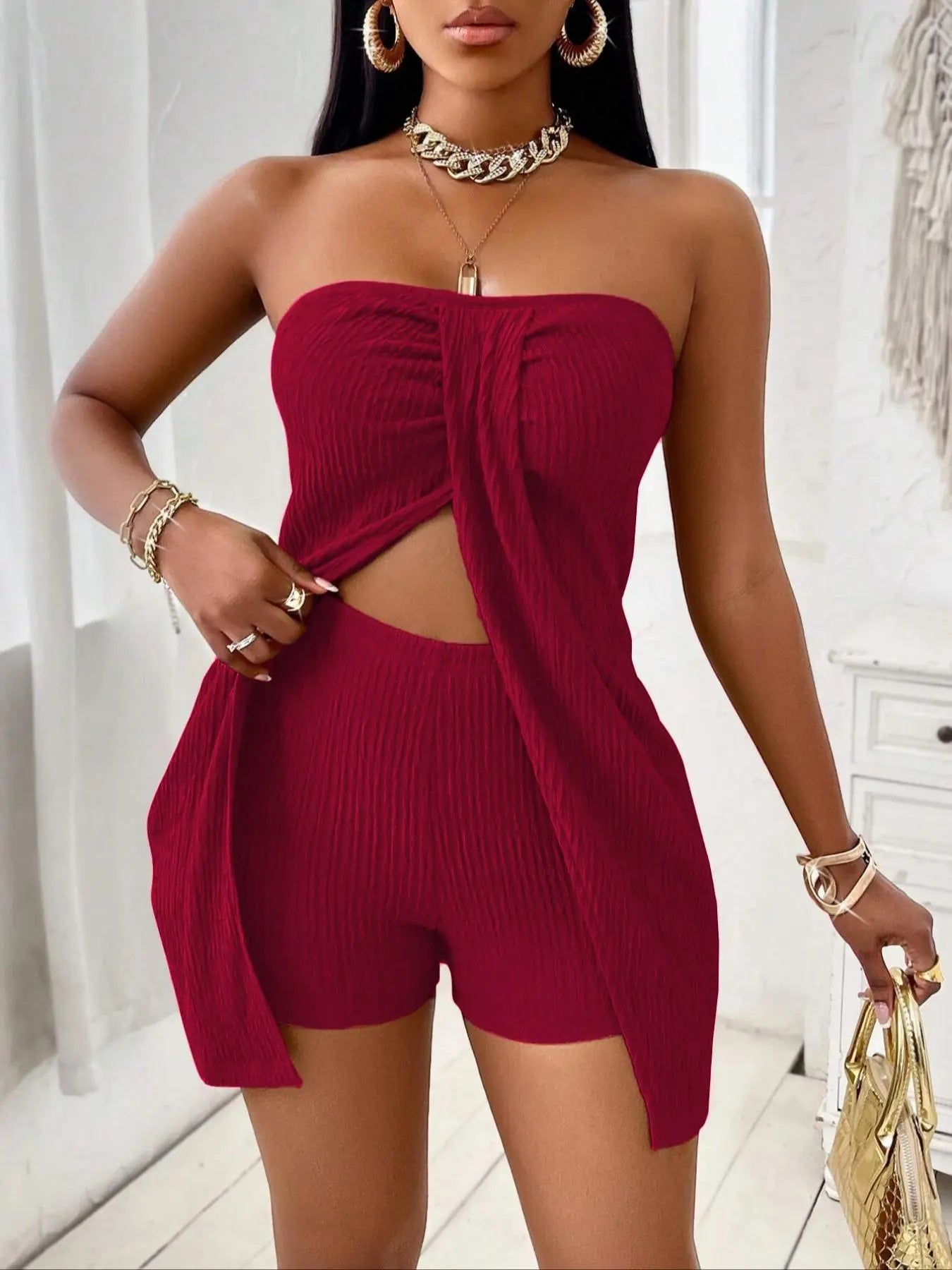 Women's Summer Plain Textured Fabric Twist Front Split Sleeveless Top Short Pants Set, Elegant Slim-Fitting Two-Piece Slit